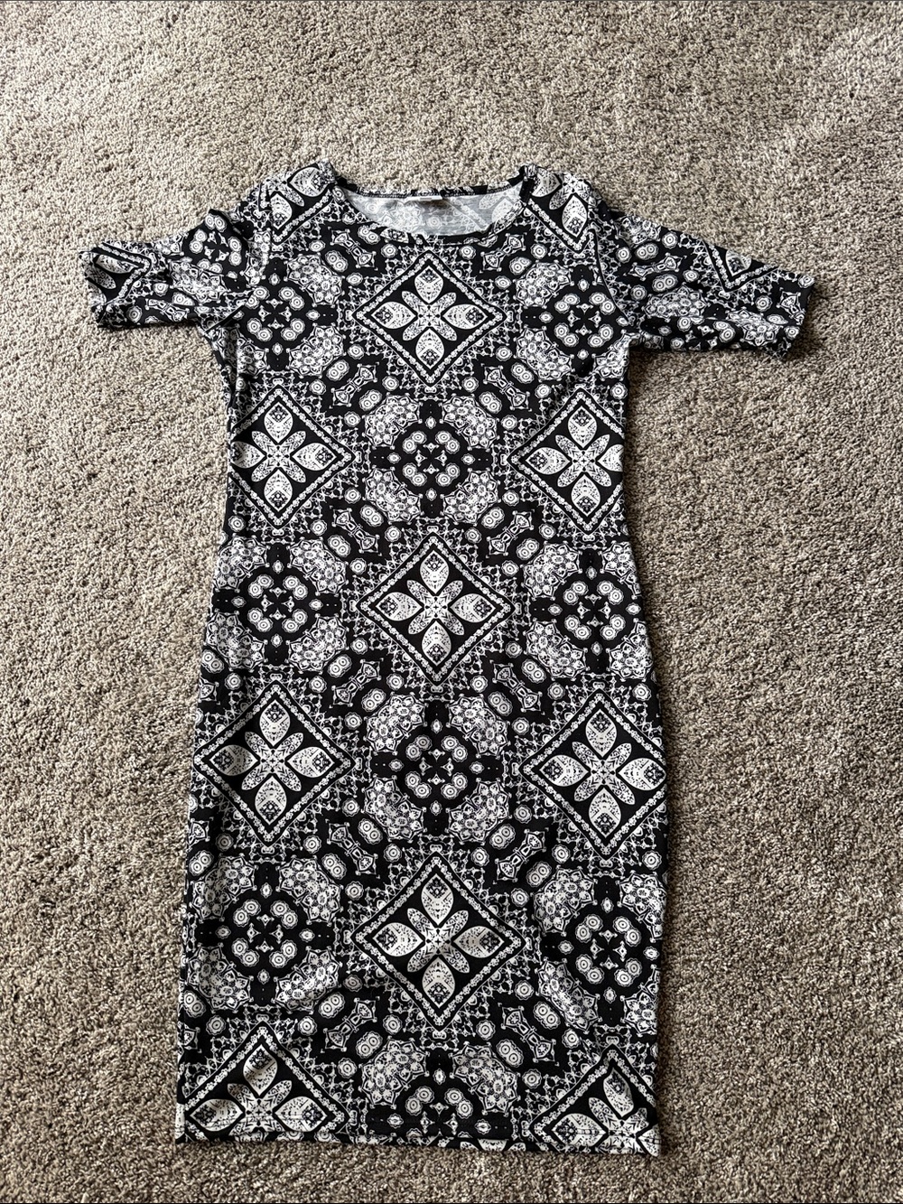 LuLaRoe Black and White Midi Dress with Geometric Medallion Print